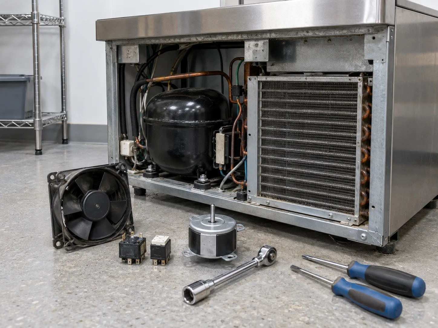 Open refrigerator compressor compartment with fan motor and repair tools.