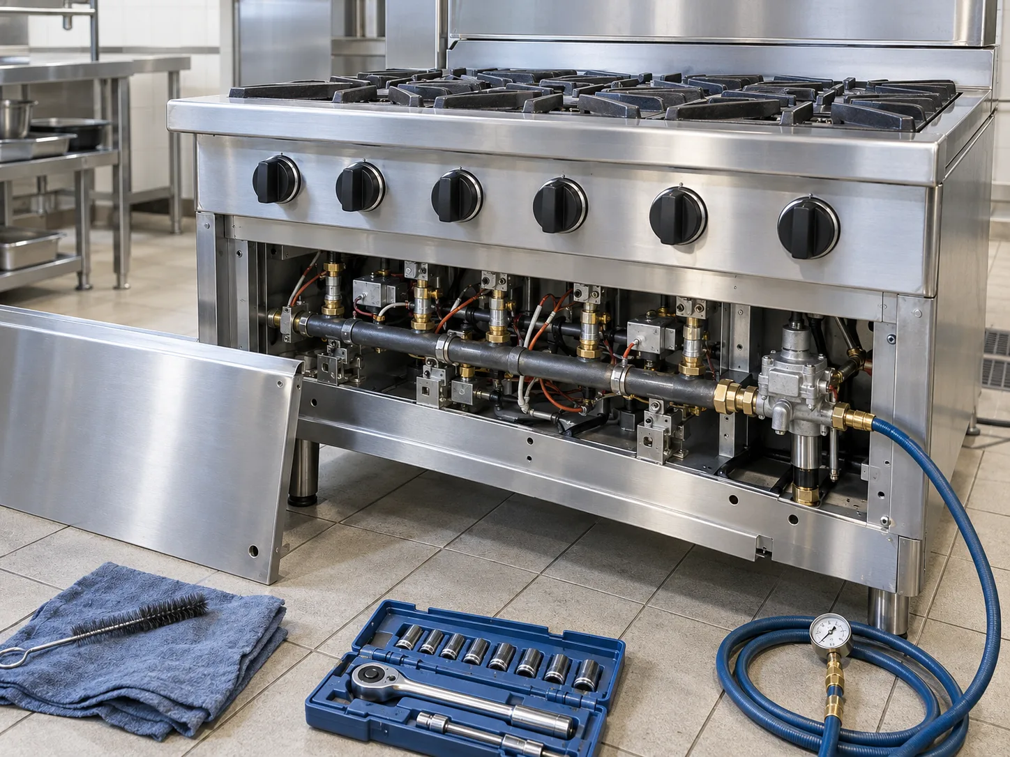 Open commercial range showing gas components and maintenance equipment.