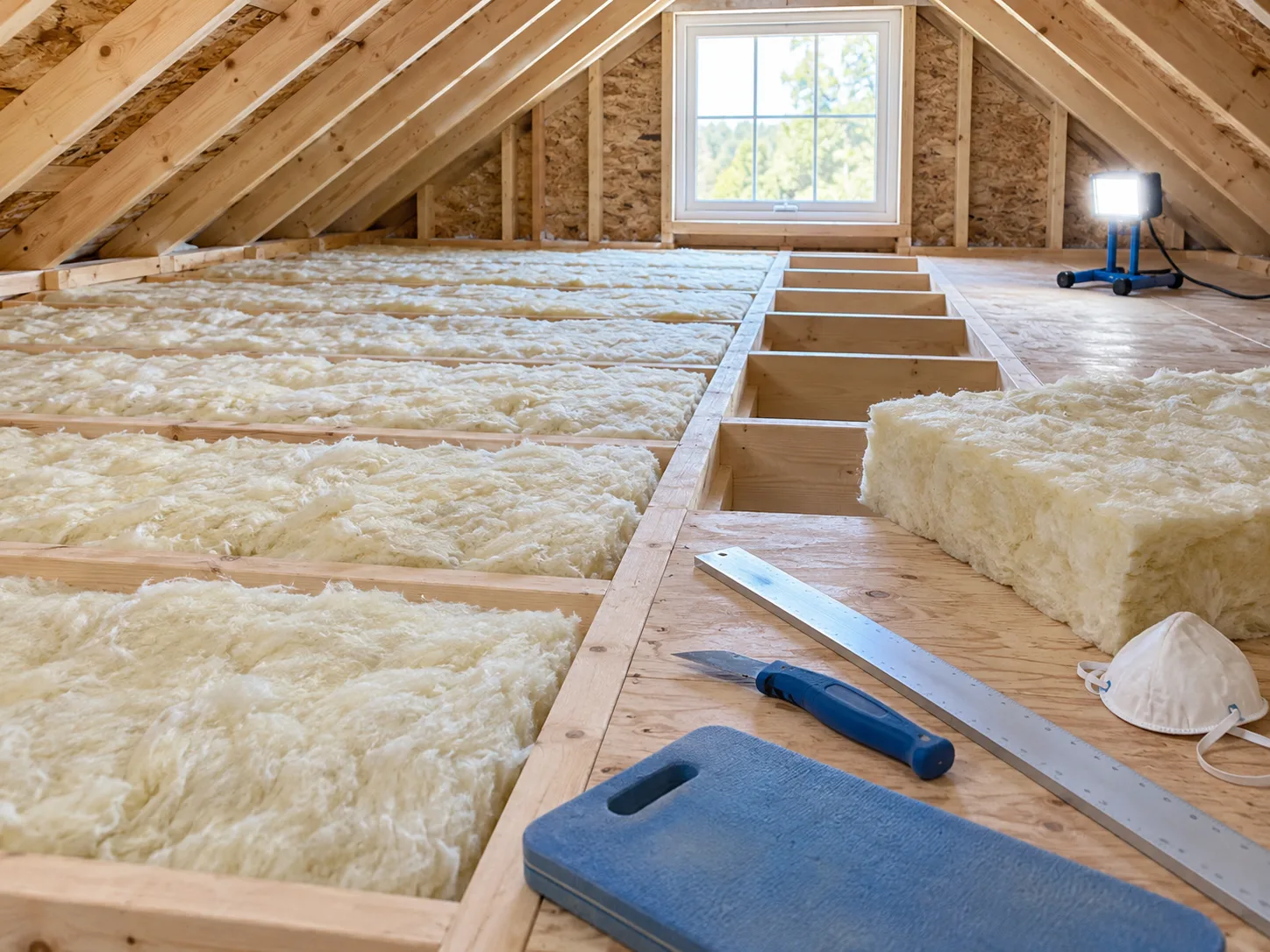 Partially insulated attic with mineral-wool batts and installation tools.