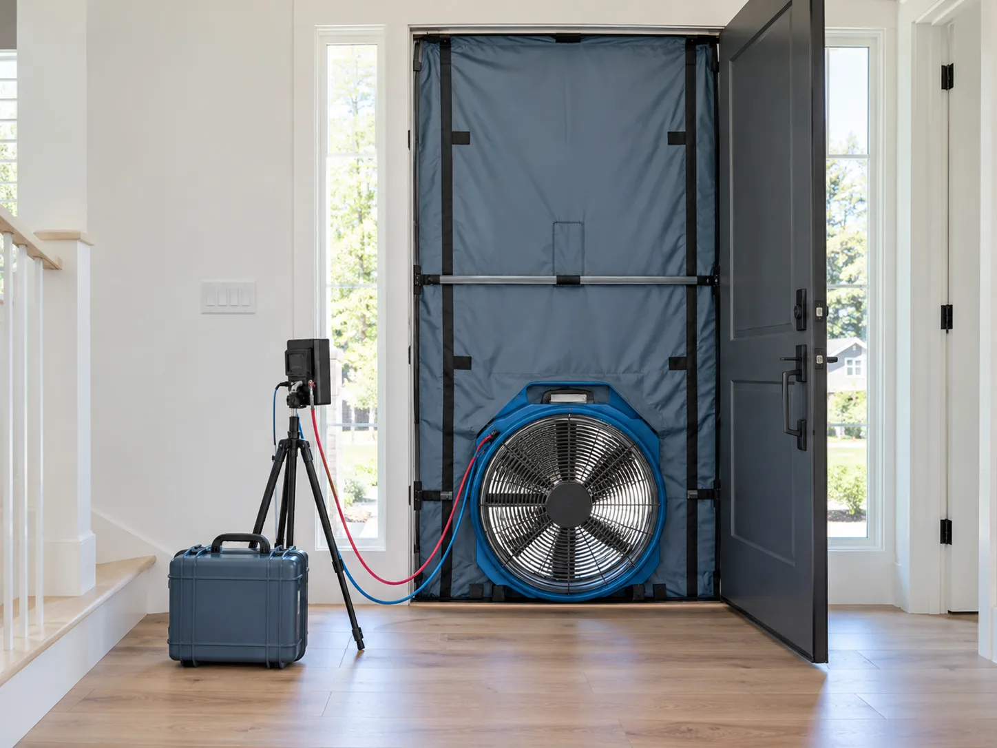 Blower-door fan and pressure-testing equipment installed in a home entry.