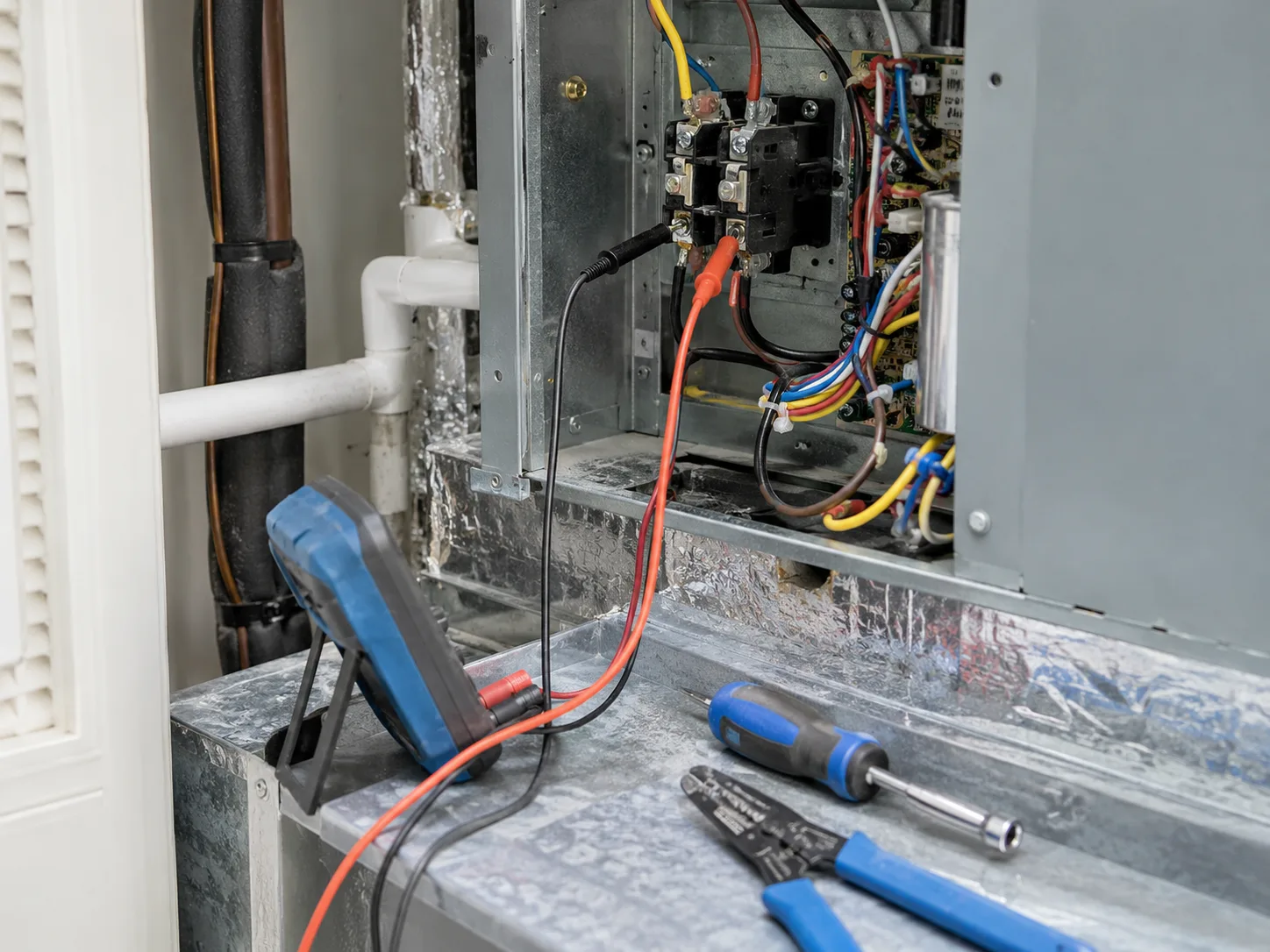 Test leads and tools connected inside an open air-handler compartment.