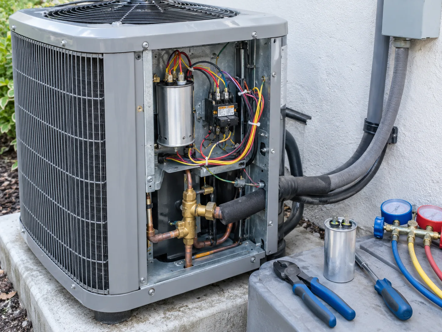 Open outdoor condenser with repair parts, gauges, and hand tools.