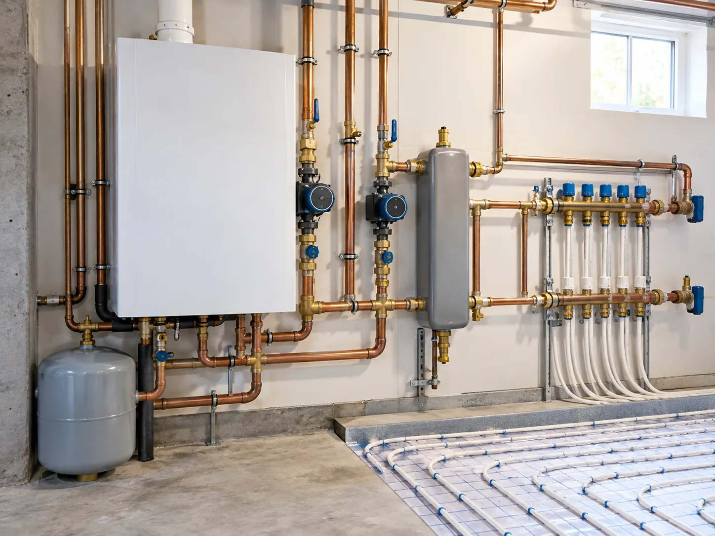 Hydronic heating system with boiler, copper pipes, and radiant-floor loops.