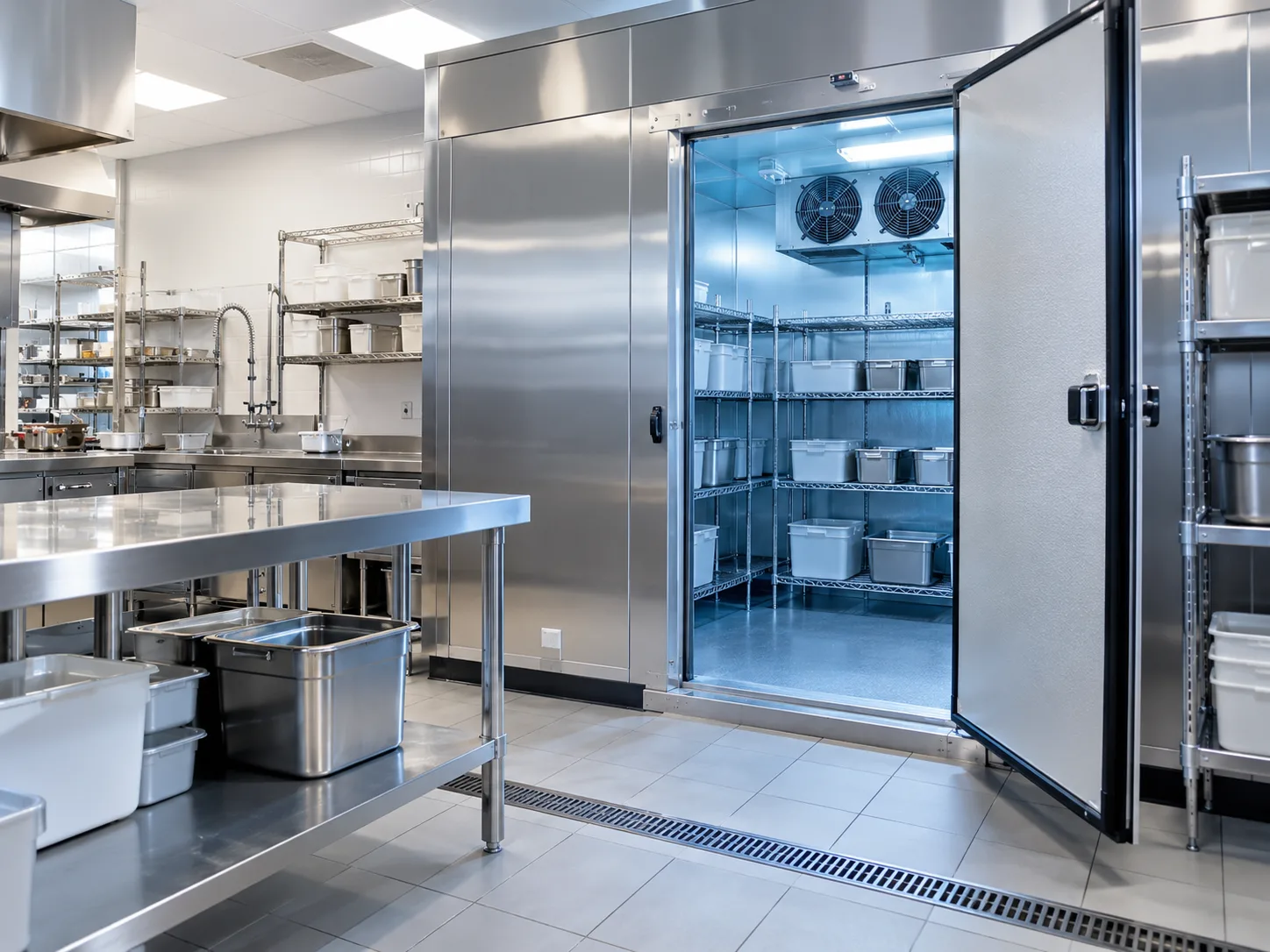 Open walk-in cooler in a bright stainless commercial kitchen.