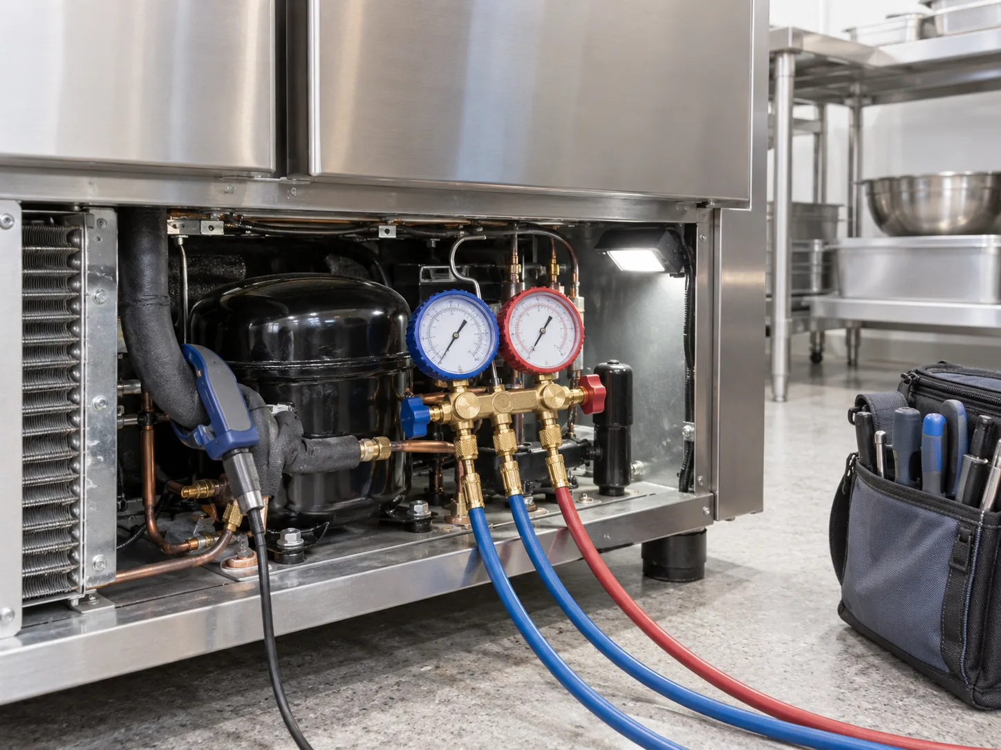 Refrigeration gauges connected to an open compressor compartment.